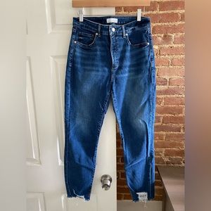 Loft Curvy Chewed Hem High Rise Skinny Jeans in Original Mid Indigo